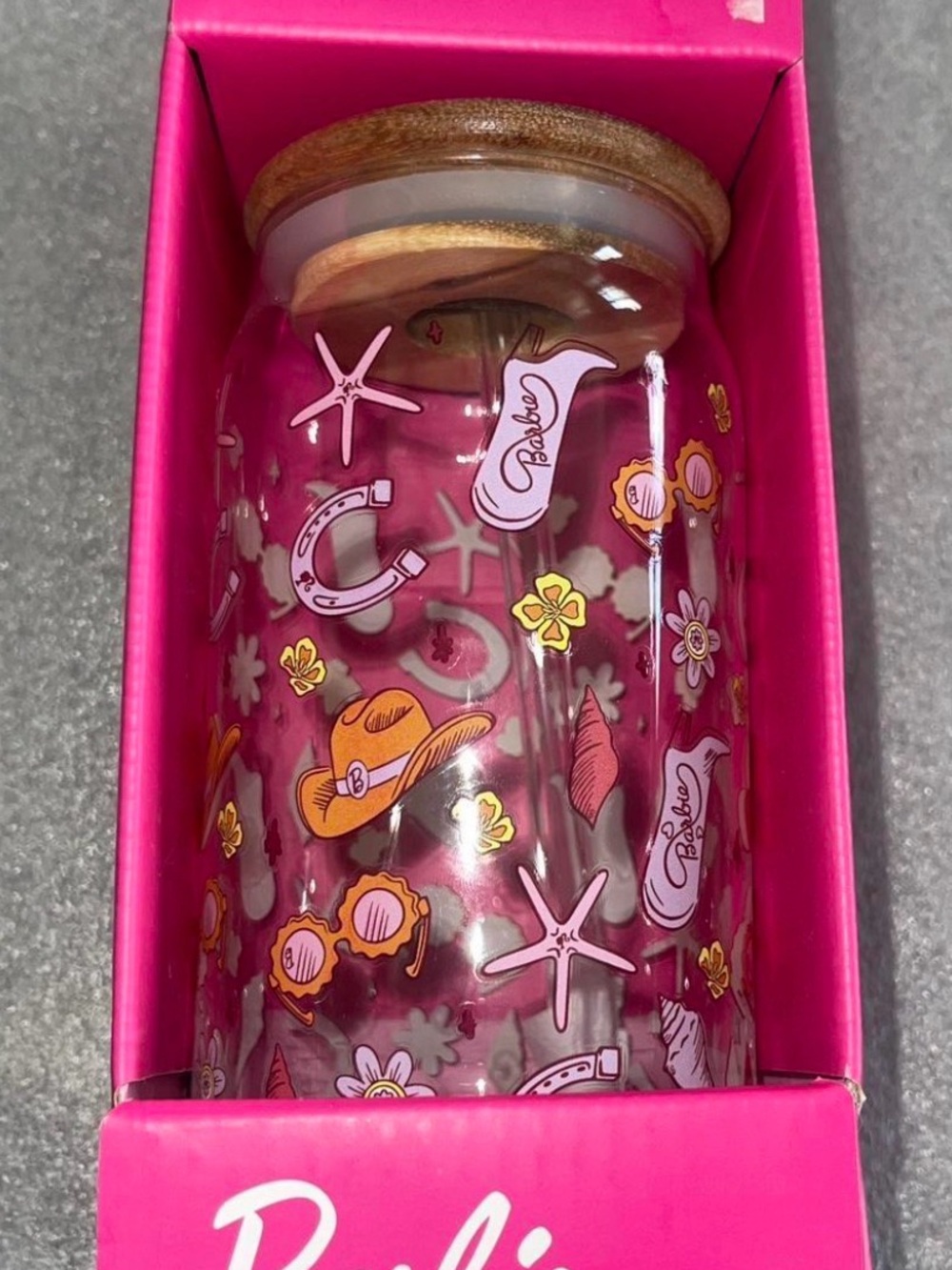 Barbie Pink Glass Jar with Beach Motif and Wooden Lid